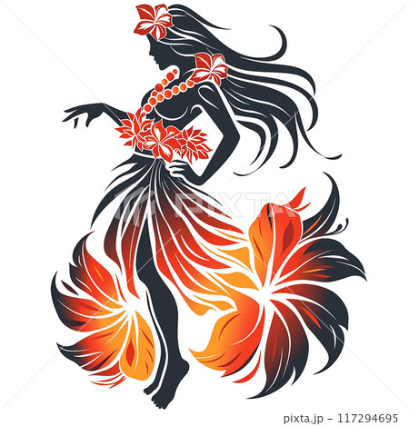 熱帯の風を感じるフラダンサーのシルエット 117294695