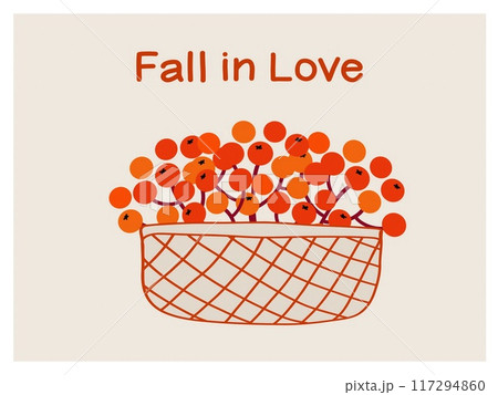 A vibrant basket filled with orange and red berries accompanied by the text fall in love, evoking the essence of autumn. 117294860