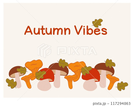 Mushrooms in various colors are displayed alongside autumn leaves, conveying a cheerful seasonal atmosphere. 117294863