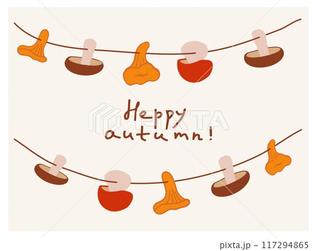Decorative autumn elements featuring various mushrooms and leaves suspended on a line, conveying a festive seasonal spirit. 117294865