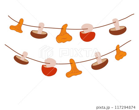 Various types of mushrooms, including chanterelles and others, are hanging on a string, creating a playful and artistic composition. Various types of mushrooms, including chanterelles and others, are hanging on a string, creating a playful and artistic composition. 117294874