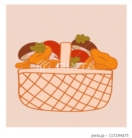 A woven basket overflows with various vibrant vegetables and mushrooms, showcasing fresh produce against a soft pastel backdrop. 117294875