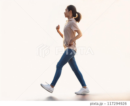 スニーカーで歩く女性(元気,若い,一人,全身,横,真横,横から見た) スニーカーで歩く女性(元気,若い,一人,全身,横,真横,横から見た) 117294926