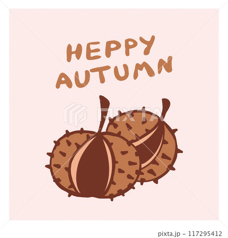 A cheerful autumn greeting showcases two chestnuts with a playful message, creating a cozy seasonal vibe. 117295412