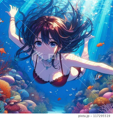 南国の海で素潜りしている女性 117295519