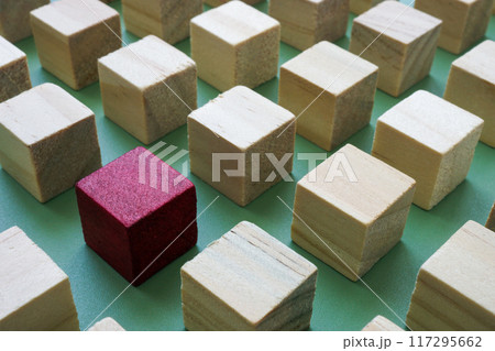 Wooden cubes with one red cube. Concept of uniqueness, difference, and talent. Wooden cubes with one red cube. Concept of uniqueness, difference, and talent. 117295662