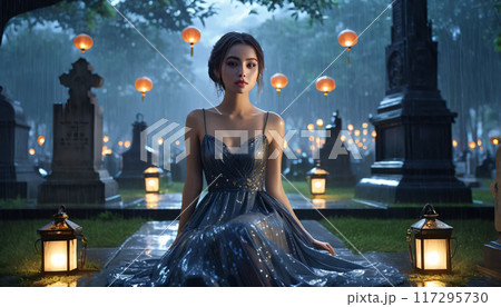 ライトアップされたウェディングドレスを着た花嫁 117295730