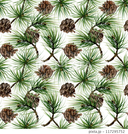 Pine, fir tree, spruce branches with needles, cones. Watercolor hand drawn illustration, seamless pattern isolated on white. Xmas, happy new year festive, noel navidad holiday. Print paper, textile Pine, fir tree, spruce branches with needles, cones. Watercolor hand drawn illustration, seamless pattern isolated on white. Xmas, happy new year festive, noel navidad holiday. Print paper, textile 117295752