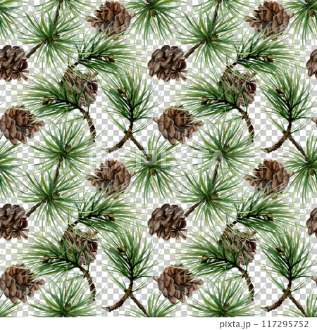Pine, fir tree, spruce branches with needles, cones. Watercolor hand drawn illustration, seamless pattern isolated on white. Xmas, happy new year festive, noel navidad holiday. Print paper, textile Pine, fir tree, spruce branches with needles, cones. Watercolor hand drawn illustration, seamless pattern isolated on white. Xmas, happy new year festive, noel navidad holiday. Print paper, textile 117295752