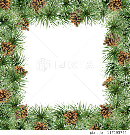 Pine tree, fir tree, spruce branches with needles, cones. Watercolor hand drawn illustration, border frame isolated on white. Xmas, happy new year festive, noel navidad. Cards, gifts, florist. 117295753
