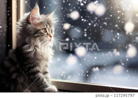 Generated image of a a close up of a cat looking out a window, snowflakes falling, background image, the cutest kitten ever, glowing with silver light 117295797
