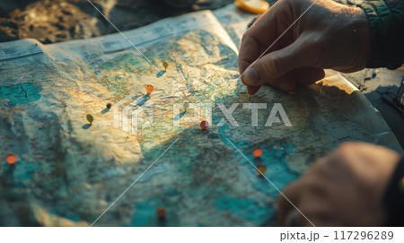 Planning Adventure on Map with Pins During Sunset Planning Adventure on Map with Pins During Sunset 117296289