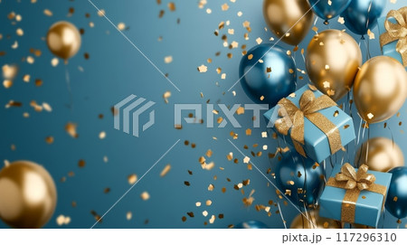 Golden and Blue Balloons with Gifts Celebration Background 117296310