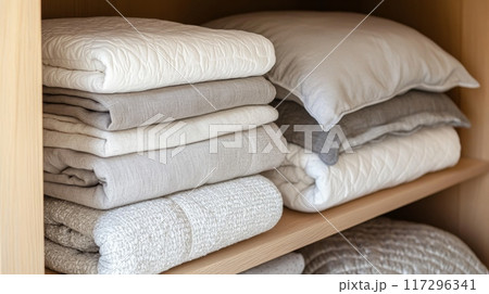 Assorted Linen Pillows and Blankets on Wooden Shelves 117296341