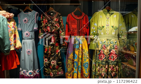 Vibrant Clothing Rack Display in Boutique Shop 117296422