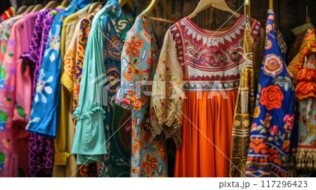 Vibrant Clothing Rack Display in Boutique Shop 117296423