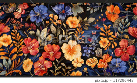 Vibrant Floral Tapestry with Exotic Blooms and Foliage 117296448