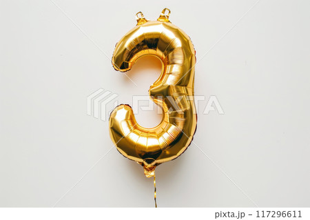 Gold Number 3 Balloon on White Background Gold Number 3 Balloon on White Background 117296611