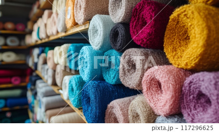 Colorful Yarn Rolls on Shelves in Craft Store Colorful Yarn Rolls on Shelves in Craft Store 117296625