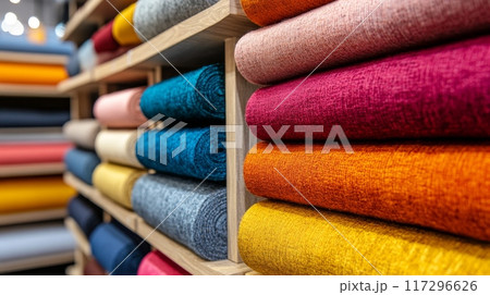 Colorful Fabric Rolls on Display in Textile Store 117296626