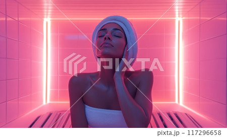 Serene Woman Enjoying Infrared Sauna Therapy Session Serene Woman Enjoying Infrared Sauna Therapy Session 117296658