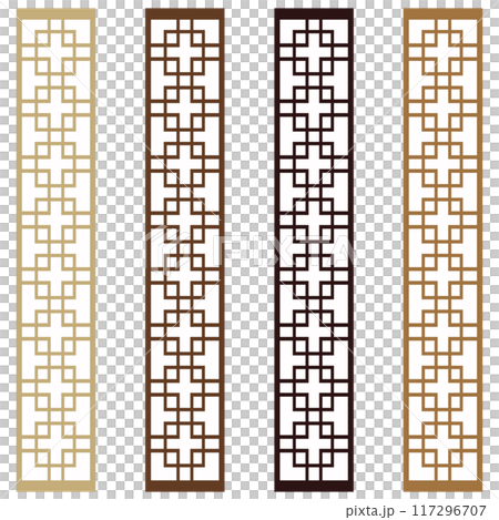亞洲風格紙質窗框和家具上使用的圖案和裝飾的向量插圖。 117296707