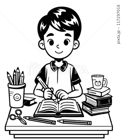 cute coloring page boy at the school desk  117297018
