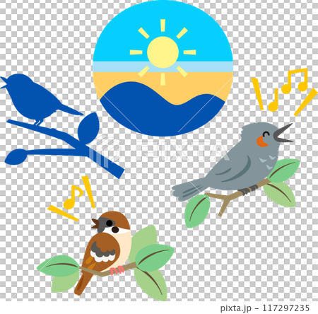 早朝に鳴く小鳥のデフォルメイラスト 117297235