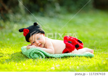 Baby in cute dress up costume. Newborn in garden. Baby in cute dress up costume. Newborn in garden. 117297410