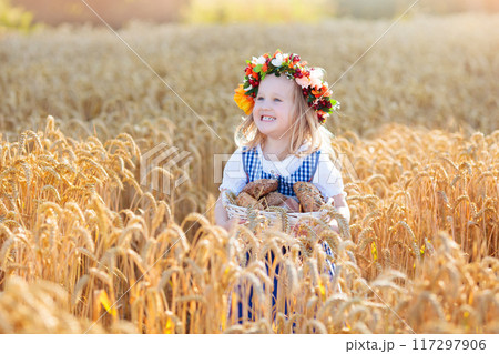 Child in wheat field with German bread 117297906