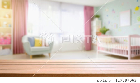 Empty wooden table with blurry baby room background, for design and decoration concepts 117297963
