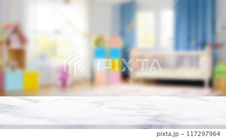 Empty countertop with blurry baby room background, for design and decoration concepts 117297964