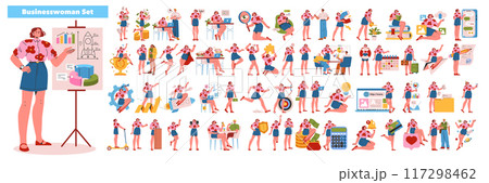 Young Businesswoman Set. Dynamic female professional in diverse situations from presentations to vacations. Career growth, multitasking, work-life balance. Vector illustration. Young Businesswoman Set. Dynamic female professional in diverse situations from presentations to vacations. Career growth, multitasking, work-life balance. Vector illustration. 117298462