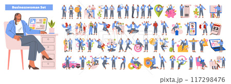 Businesswoman set. Diverse corporate scenes showcasing a professional woman in various work situations. Achievements, teamwork, multitasking. Vector illustration. 117298476