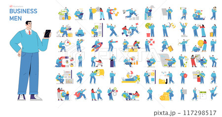 Businessman set. Corporate activities, finance management, and teamwork interactions. Professional life scenarios and achievements. Vector illustration. 117298517