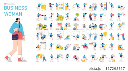 Businesswoman set. Corporate activities, multitasking, and leadership roles for modern female professionals. Office work diversity, achievement and innovation scenes. Vector illustration. Businesswoman set. Corporate activities, multitasking, and leadership roles for modern female professionals. Office work diversity, achievement and innovation scenes. Vector illustration. 117298527