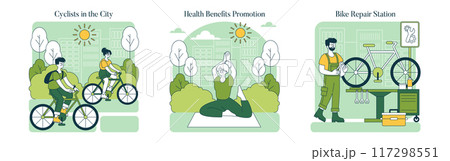 World Car Free Day set. Urban cycling, health wellness, and bike maintenance scenes. Promoting eco-friendly transport and lifestyle. Vector illustration. 117298551