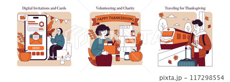 Thanksgiving Day set. Seasonal activities including sending digital invitations, volunteering for charity, and travel. Celebratory preparations and sharing illustrated. Vector illustration. Thanksgiving Day set. Seasonal activities including sending digital invitations, volunteering for charity, and travel. Celebratory preparations and sharing illustrated. Vector illustration. 117298554