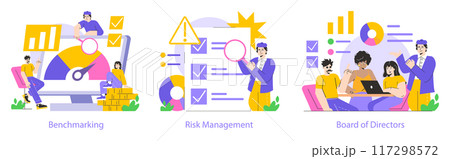 Business Operations set. Analyzing key metrics, assessing risks, and strategic planning. Teams engage in benchmarking, risk management, and board discussions. Vector illustration. Business Operations set. Analyzing key metrics, assessing risks, and strategic planning. Teams engage in benchmarking, risk management, and board discussions. Vector illustration. 117298572