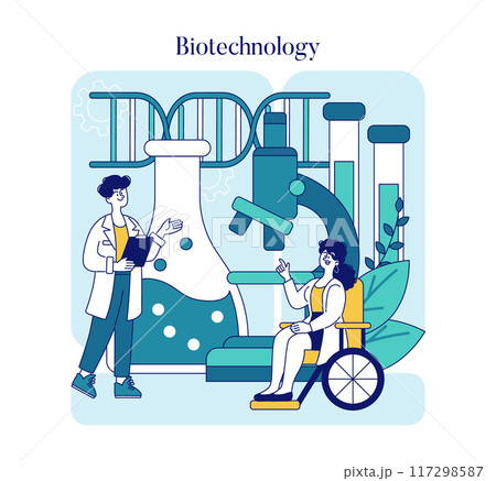 Biotechnology concept. Scientists working in a lab with DNA helix, microscopic research and innovation. Inclusivity in modern science. Vector illustration. 117298587