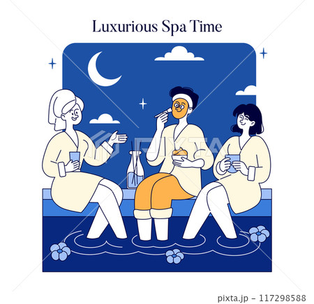 Nighttime Spa Experience concept. Three friends enjoy a luxurious spa session under a crescent moon. Relaxation, beauty treatments, and peaceful ambiance. Vector illustration. Nighttime Spa Experience concept. Three friends enjoy a luxurious spa session under a crescent moon. Relaxation, beauty treatments, and peaceful ambiance. Vector illustration. 117298588