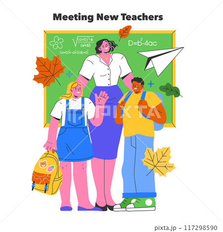 Back to School concept. Students enthusiastically meeting a new teacher in a classroom setting, symbolizing fresh academic beginnings. Vector illustration. Back to School concept. Students enthusiastically meeting a new teacher in a classroom setting, symbolizing fresh academic beginnings. Vector illustration. 117298590