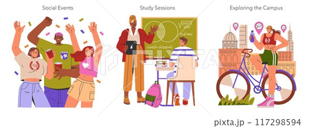 Freshman Year set. Diverse students enjoying social events, engaging in study sessions, and exploring the campus. College life diversity. Vector illustration. Freshman Year set. Diverse students enjoying social events, engaging in study sessions, and exploring the campus. College life diversity. Vector illustration. 117298594