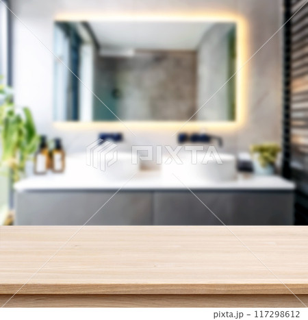 Empty countertop with blurry bathroom background, for design and decoration concepts Empty countertop with blurry bathroom background, for design and decoration concepts 117298612