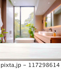 Empty countertop with blurry bathroom background, for design and decoration concepts 117298614