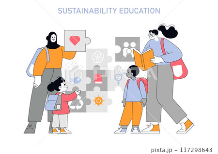 Sustainability education concept. Teachers and students engage with environmental themes through interactive puzzles and books. Vector illustration. 117298643