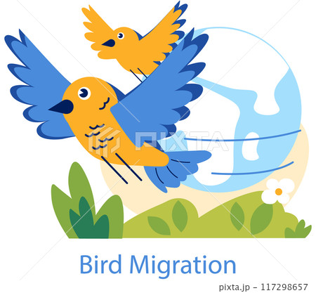 Bird Migration concept. Colorful illustration of birds flying over a stylized globe, representing the journey of avian migration. Nature, travel, seasonal movement. Vector illustration. Bird Migration concept. Colorful illustration of birds flying over a stylized globe, representing the journey of avian migration. Nature, travel, seasonal movement. Vector illustration. 117298657