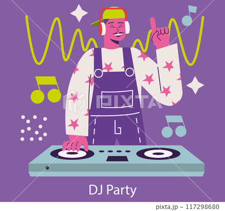 DJ party concept. A cheerful DJ mixes music at a vibrant event, setting a lively atmosphere. Turntables, dance vibes, and musical enjoyment. Vector illustration. 117298680
