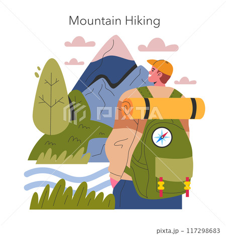 Mountain Hiking concept. Adventurous trekker with a backpack gazes at the peak in nature. Exploring, navigation, and outdoor leisure activity. Vector illustration. 117298683