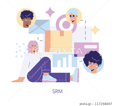 Innovative purchasing process concept. A diverse group of people interacts with modern buying elements. Digital transformation in procurement. Vector illustration. 117298697